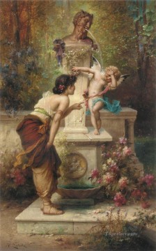 floral angel and girl playing Hans Zatzka Oil Paintings